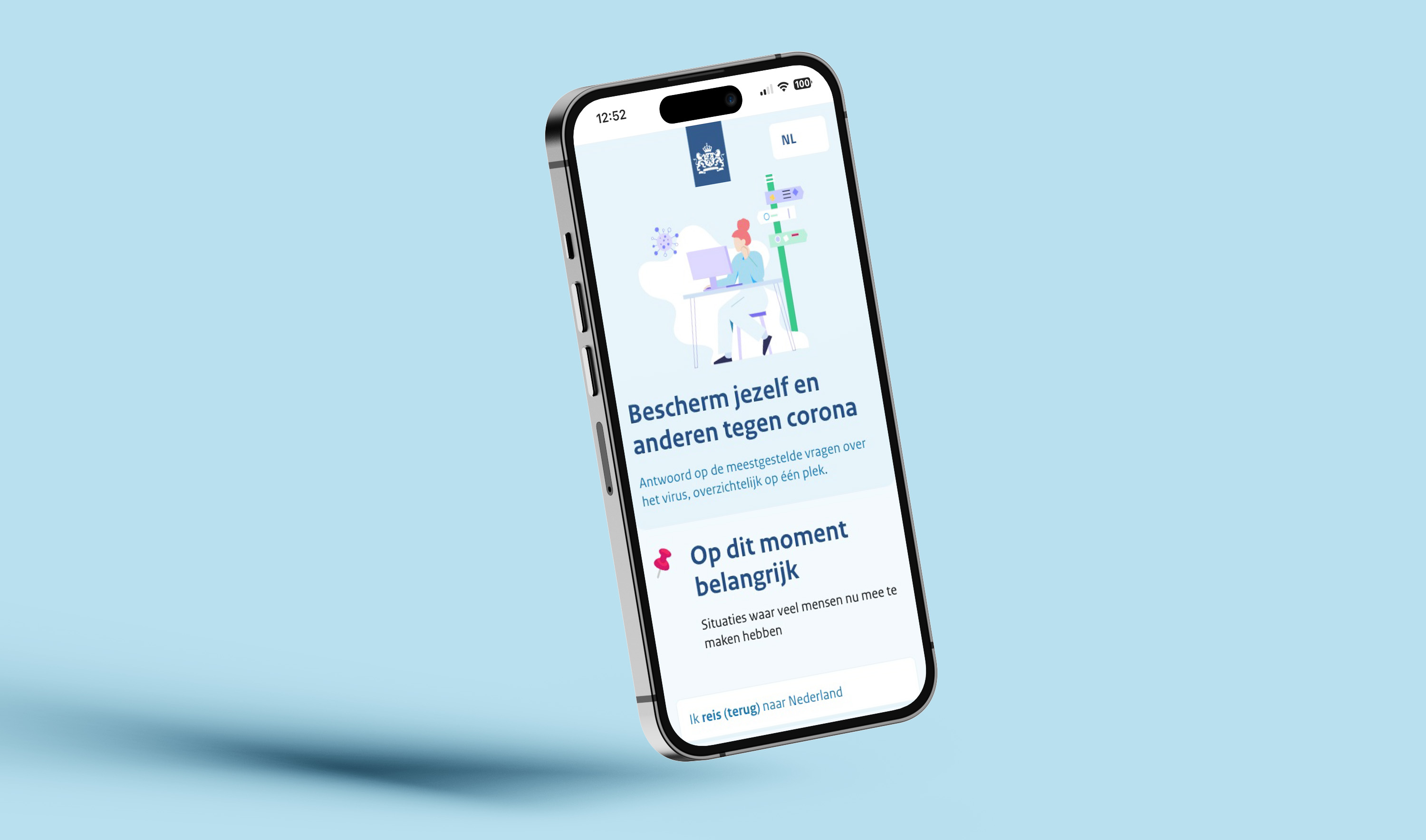 a mockup of an iphone, displaying a corona information website by the Dutch government.