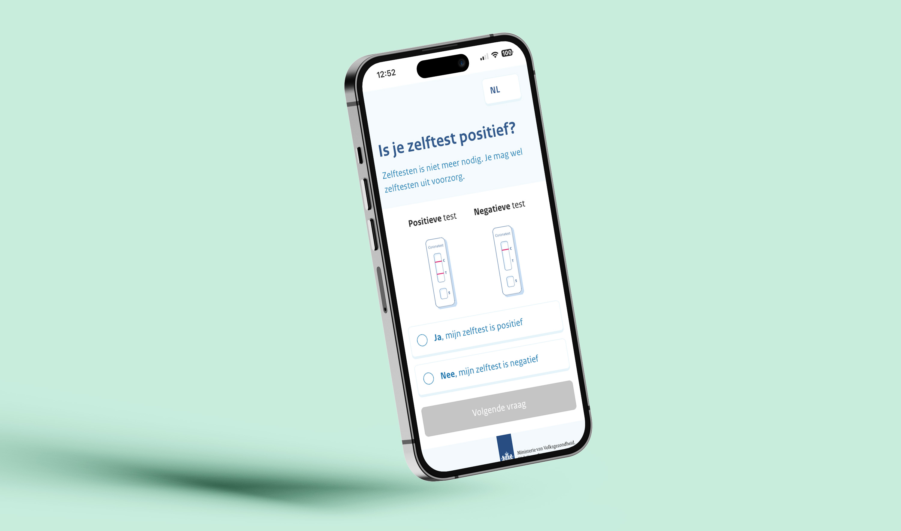 a mockup of an iphone, displaying a corona information website. The website asks the user whether their covid test was positive or not.