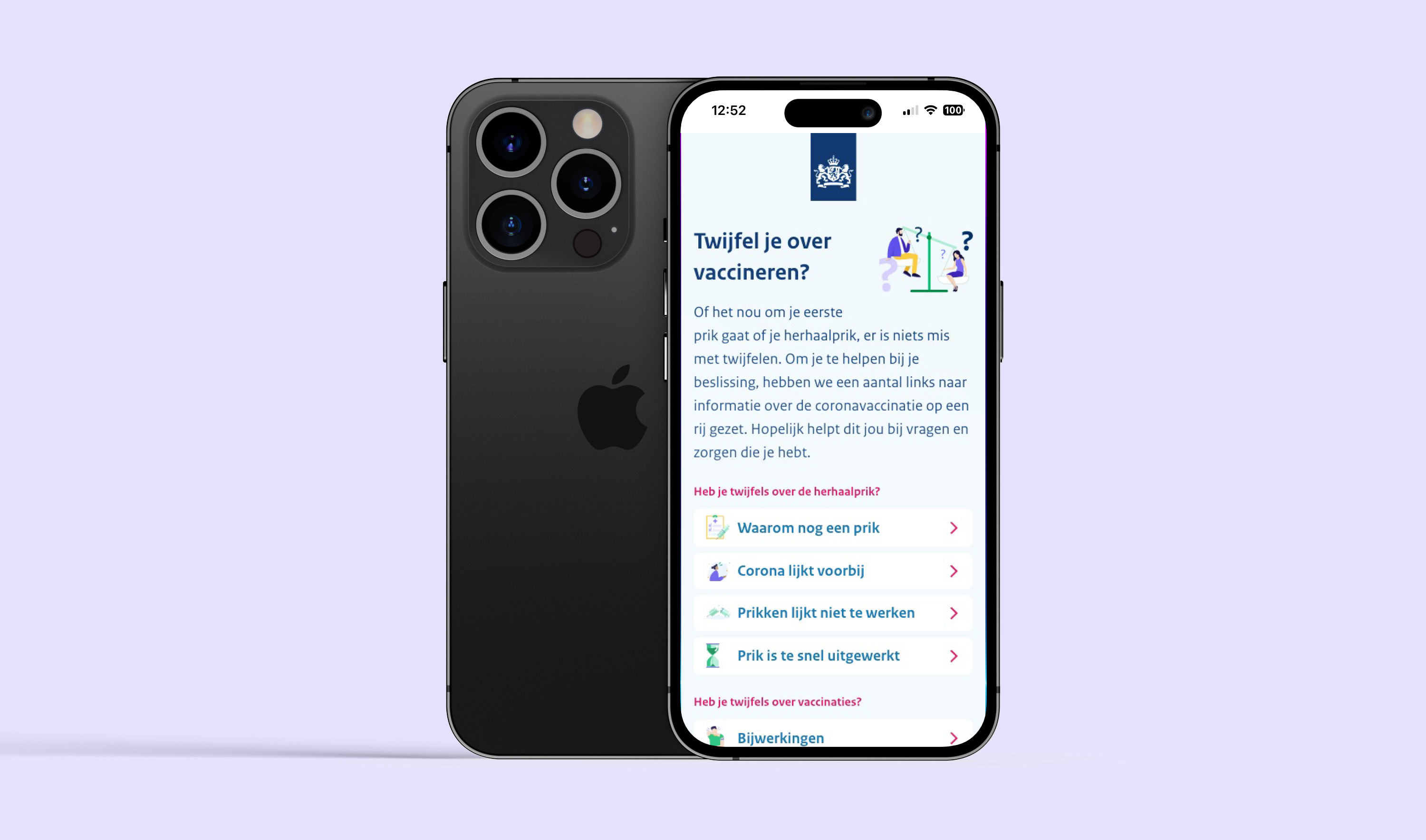 a mockup of an iphone, displaying the a corona information website by the Dutch government.