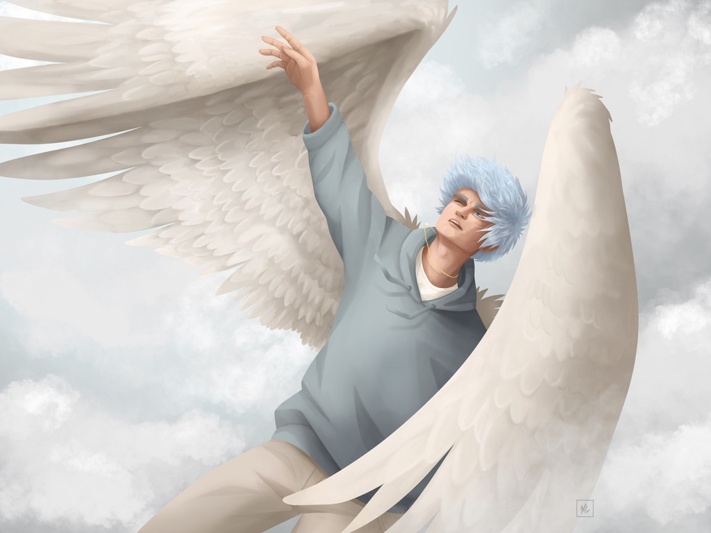 An illustration of a falling male angel in a blue-greyish hoodie. One arm is reaching to the sky as he falls, and he has one eye closed. His golden necklace is lifted in the air.