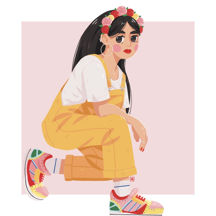 an illustration of a squatting girl, leaning with her right arm on her right knee. She's wearing yellow overalls and a flower crown on her head.