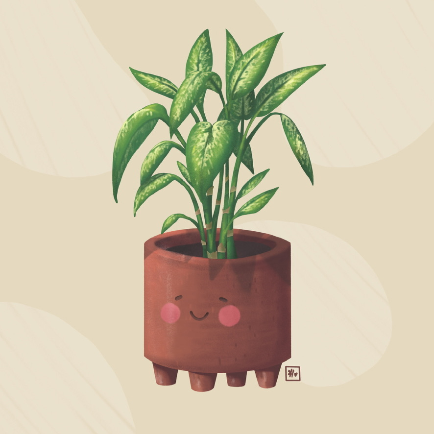 An illustration of a plant in a brown pot with 4 legs. There's a smiling, blushing face on the pot, and the background of the image is a bit of a yellowy beige.