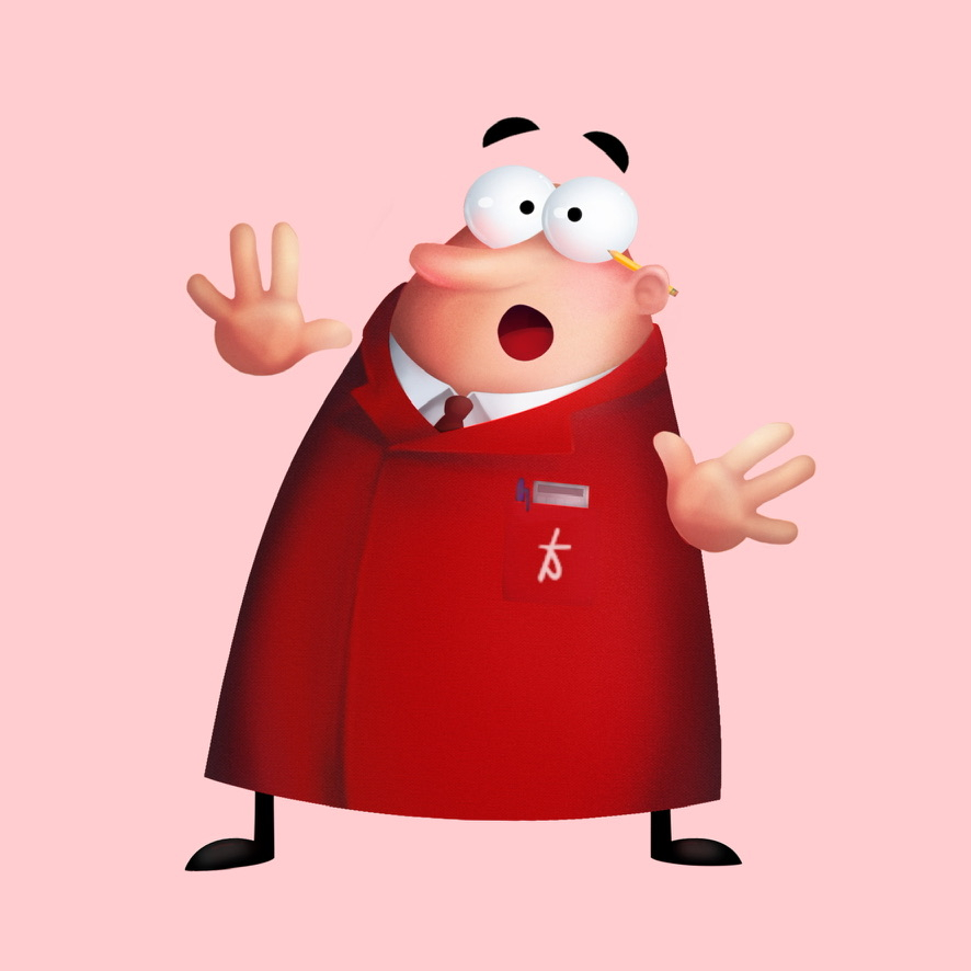 an illustration of a 'voordeler', which is a little guy in a red coat that promotes the Dirk van den Broek supermarket. He's looking surprised, with his hands lifted a bit in the air.