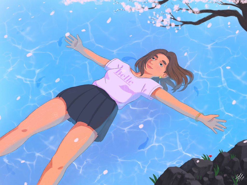 An illustration of a brown-haired girl drifting in the water with a smile on her face. She's wearing a lilac shirt with 'Belle' on it and a dark blue-greyish skirt. There are some fish in the water, and cherry blossom petals are falling into the water from a tree on the shore.