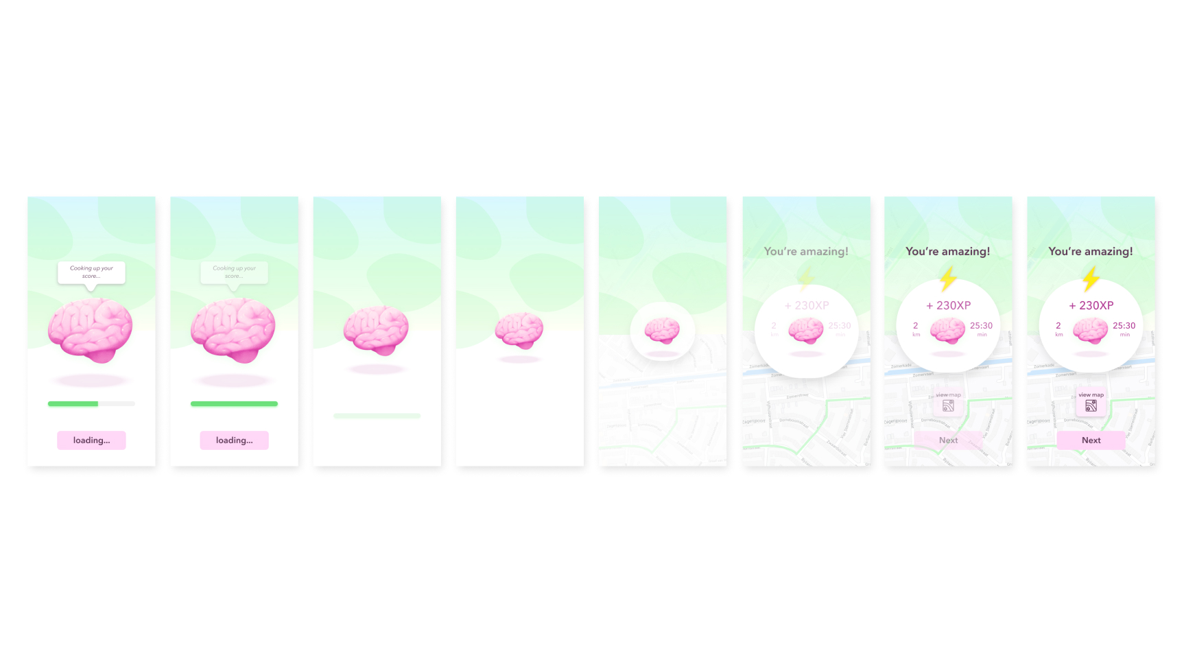 a graphic showing the different stages of the animation for loading the results after completing a walk.