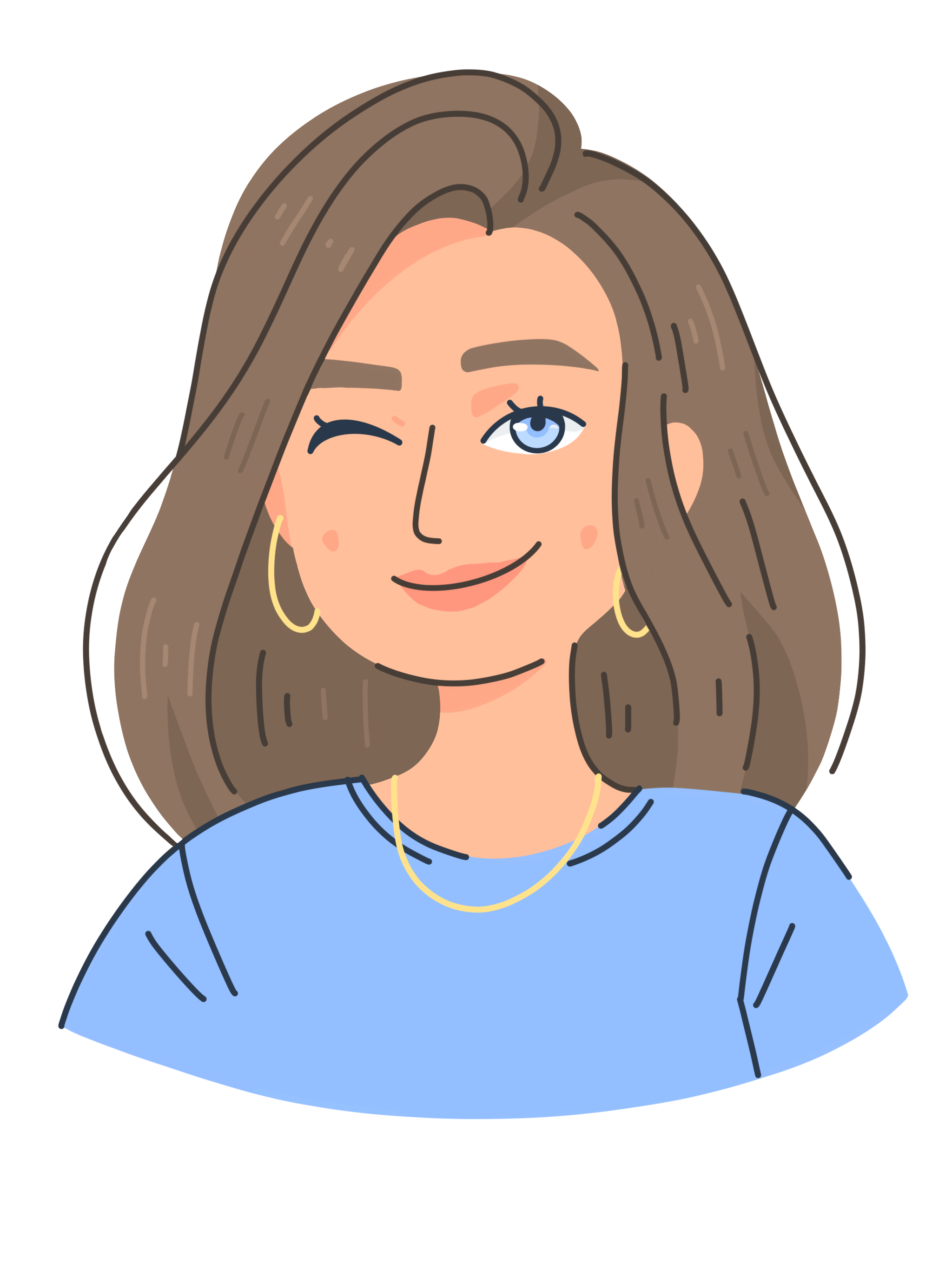 an illustration of a girl with blue eyes and brown hair, winking.